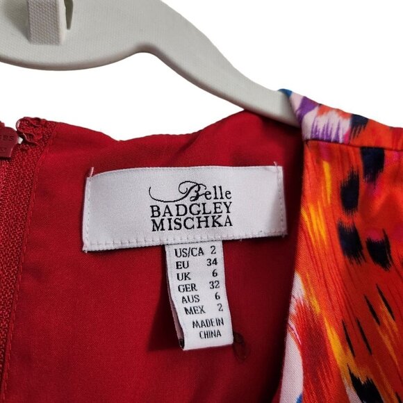 Belle Badgley Mischka Dress 2 Red Pink Ikat Sheath Fit & Flare Embellished - Picture 3 of 11